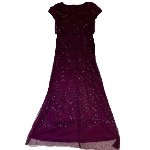 Adrianna Papell Beaded Sheer Overlay Evening Gown Cassis Wine Burgundy Women’s 6 - Picture 4 of 16